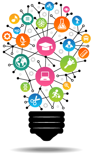 Lightbulb shape graphic with icons of computers and other school related images